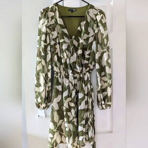 Fashion Nova Long Sleeve Chiffon Olive Green Mini Dress